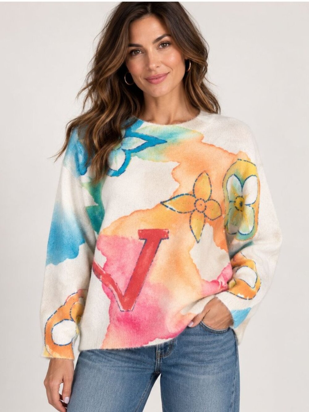 Watercolor Floral Graphic Soft Knit Sweater Multicolor M